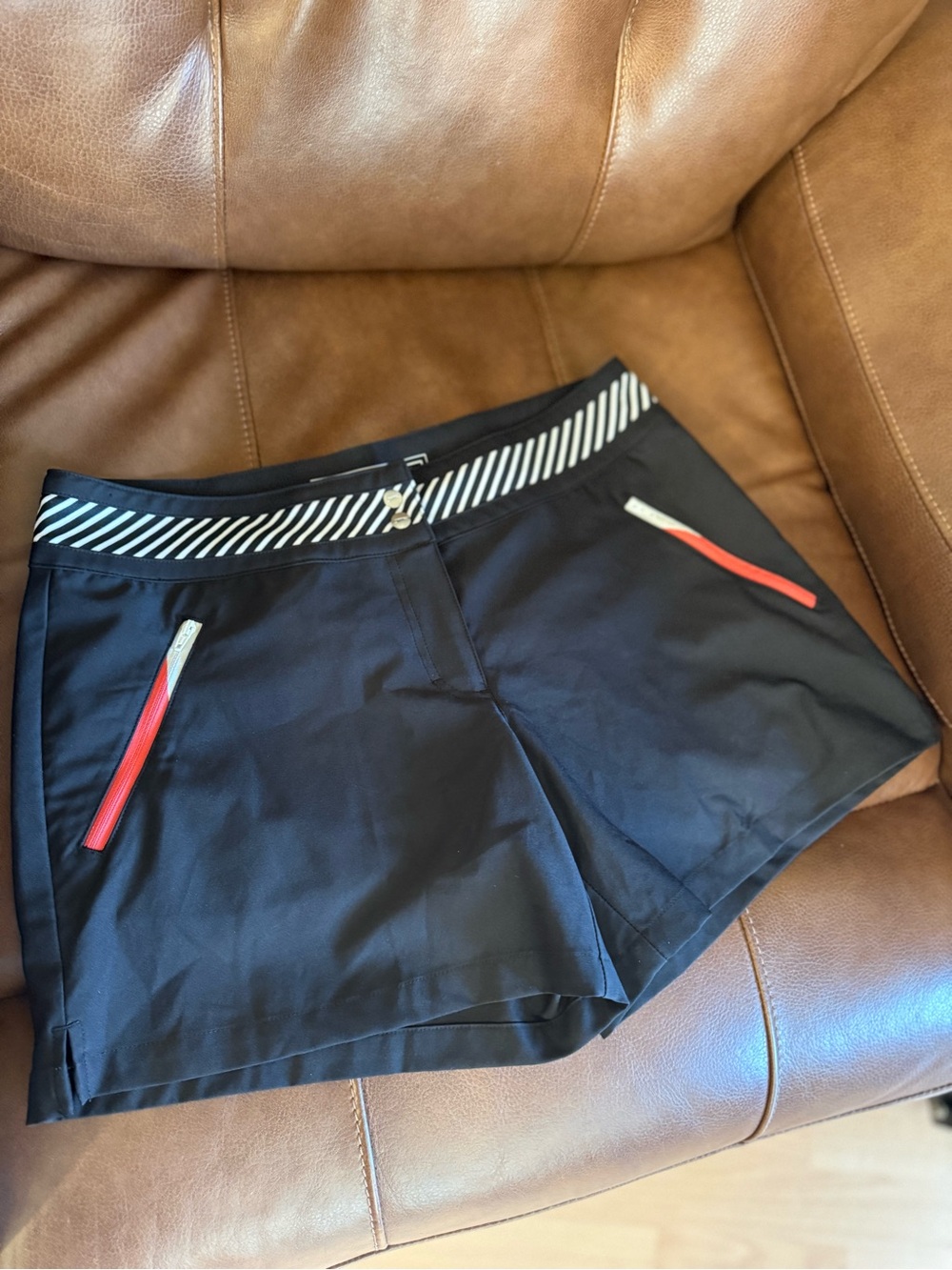 Slazenger Women’s Black Golf Shorts Striped Waist Orange Zippers Size 8